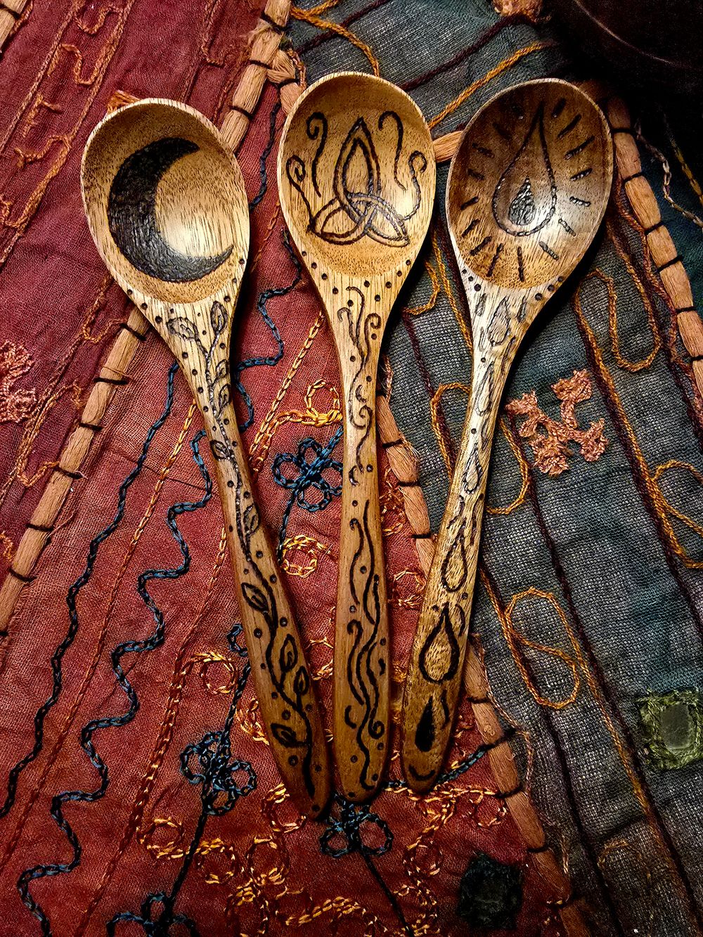 Trinity of the Altar: Woodburned Ritual Spoon Set